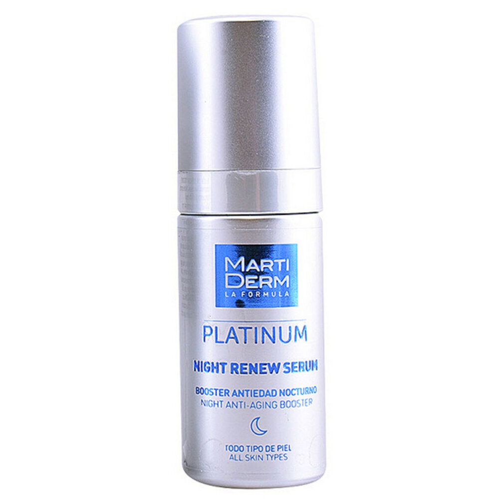 Flacone argentato. Scritta: Marti Derm Platinum Night Renew Serum. Booster Antiedad Nocturno. Per tutti i tipi di pelle.