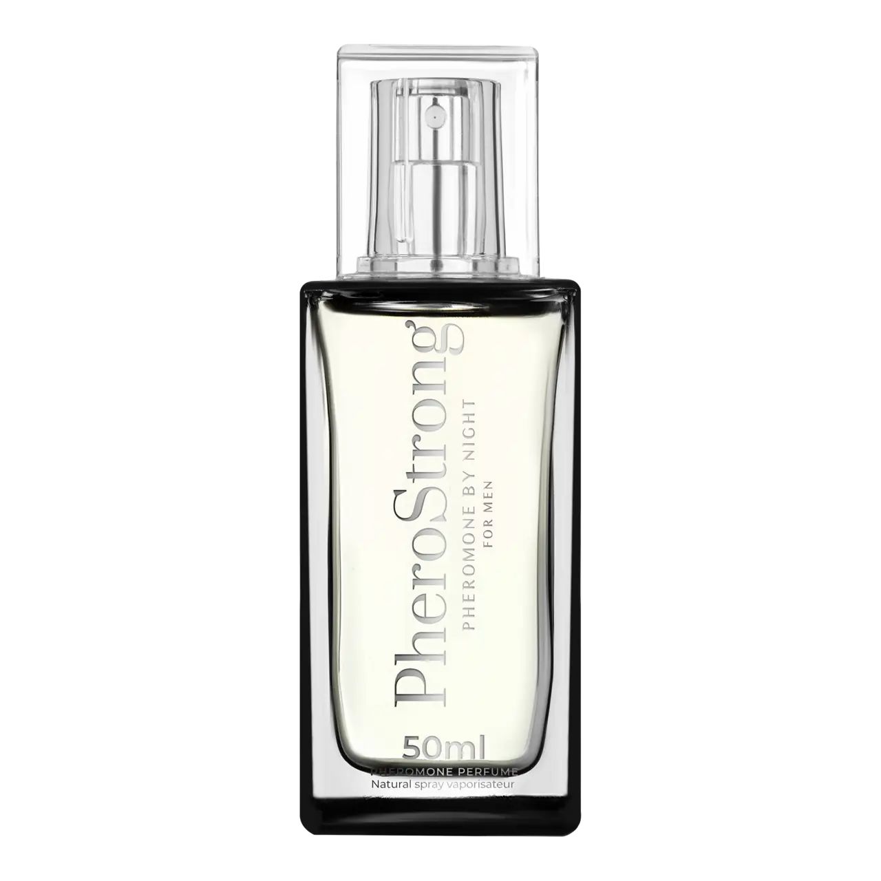 Flacone rettangolare con vaporizzatore. Scritta PheroStrong, Pheromone By Night For Men. 50ml.