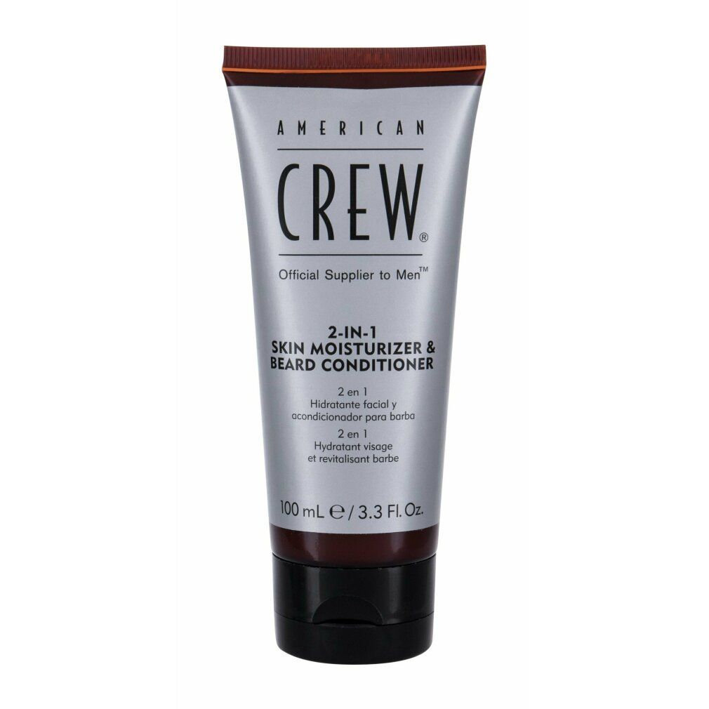 Tubo AMERICAN CREW 2-in-1 Skin Moisturizer & Beard Conditioner. Tappo nero, fascia marrone. Scritte in inglese.