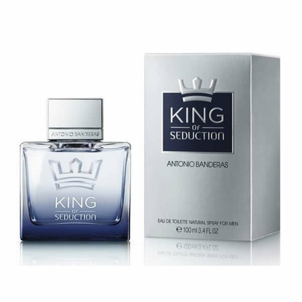 Spray Eau de Toilette con confezione. Flacone e scatola con scritta King of Seduction. Marchio: Antonio Banderas.