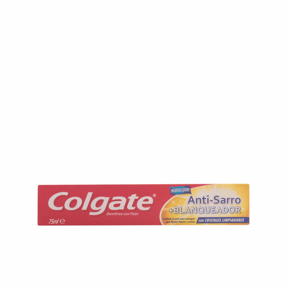 Tubo di dentifricio rosso Colgate, testo: Anti-Sarro + Blanqueador. 75 ml.