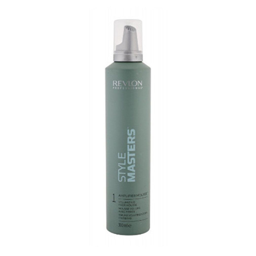 Flacone cilindrico con erogatore. Scritta: Revlon Professional, Style Masters. Testo: Volume Amplifier Mousse.