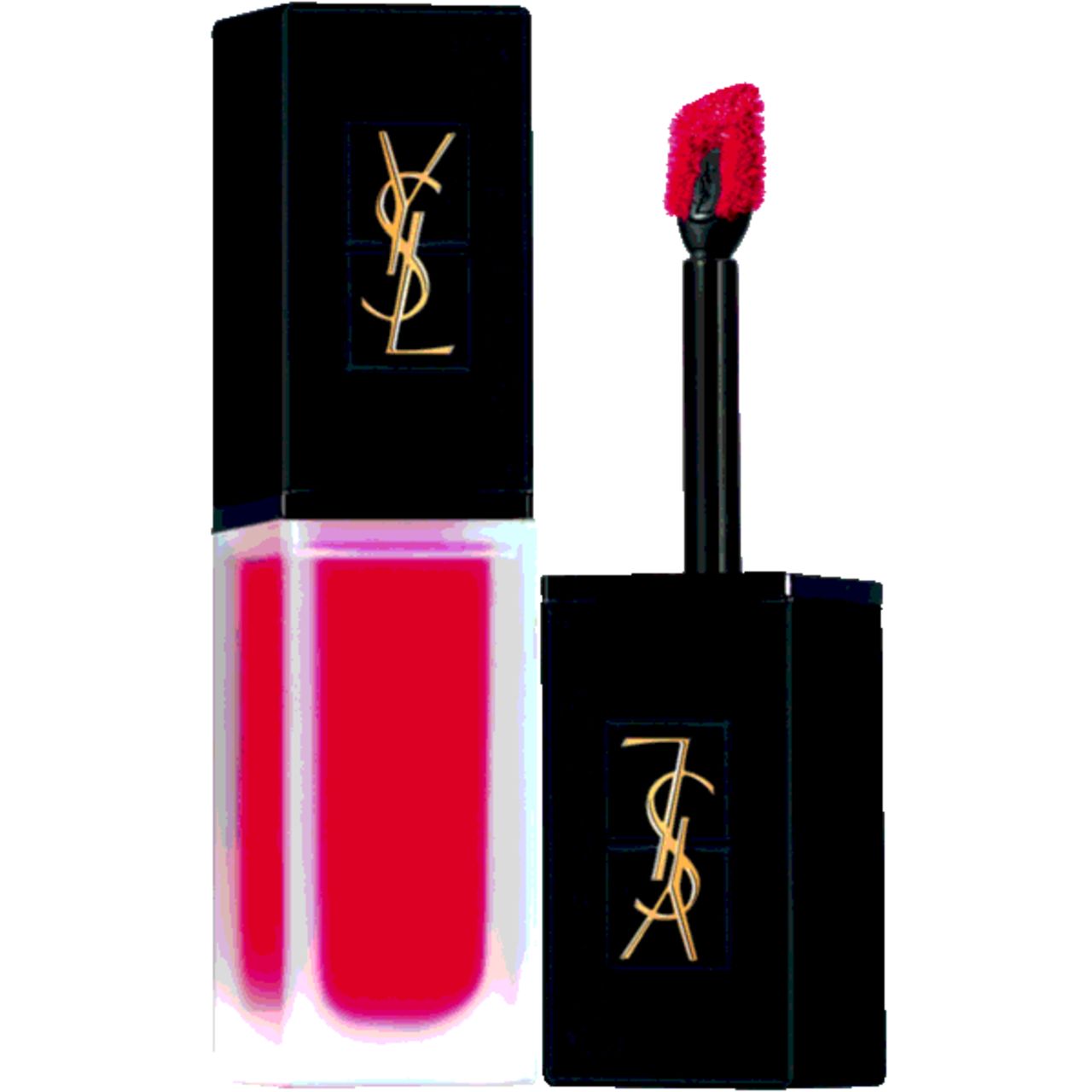 Rossetto rosso con applicatore. Tappo nero con logo dorato. Colore rosso visibile.