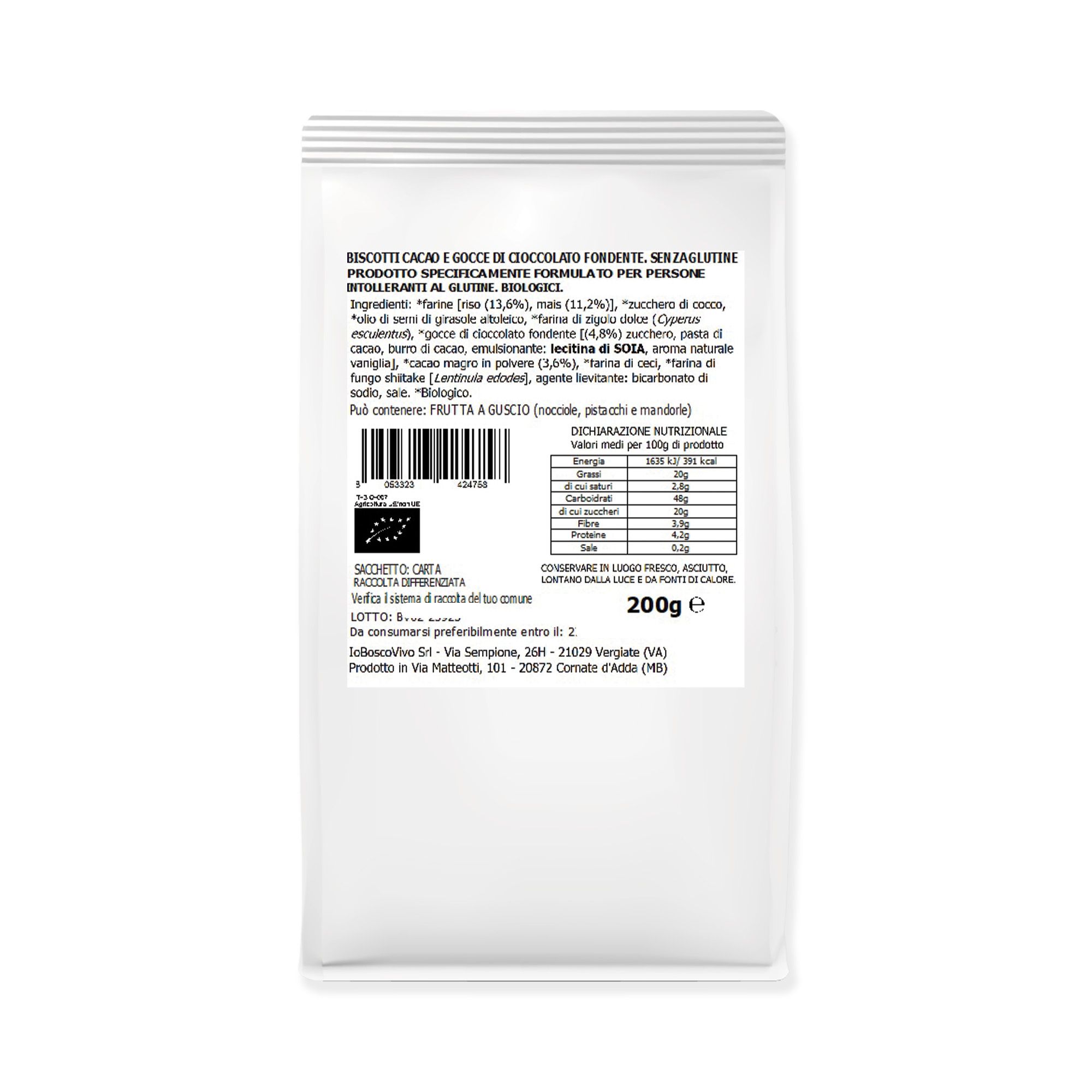 Retro confezione biscotti bio IoBoscoVivo senza glutine con valori nutrizionali e marchio bio.