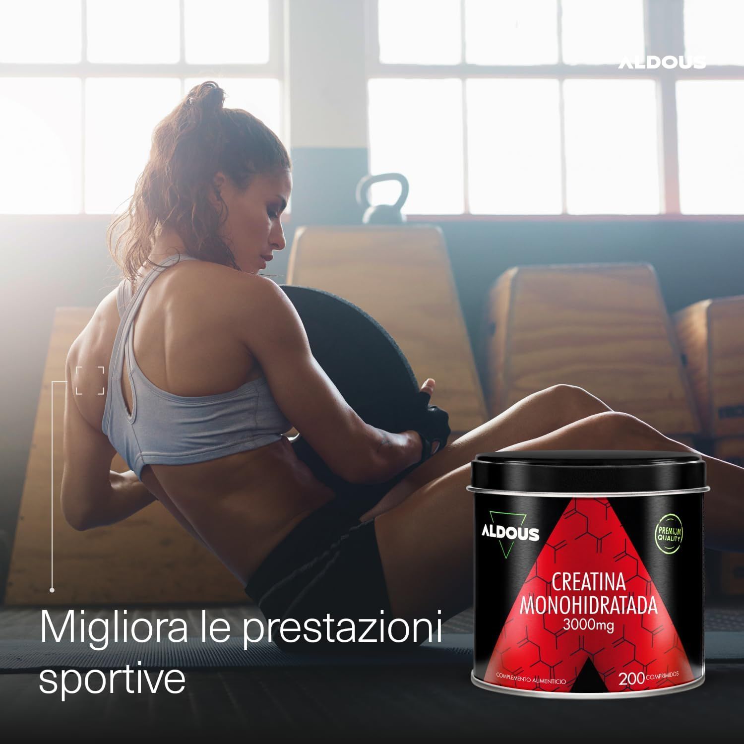 Lattina Aldous Creatina Monoidrato: 200 compresse, 3000 mg di creatina. Design rosso con struttura molecolare. "Premium Quality".