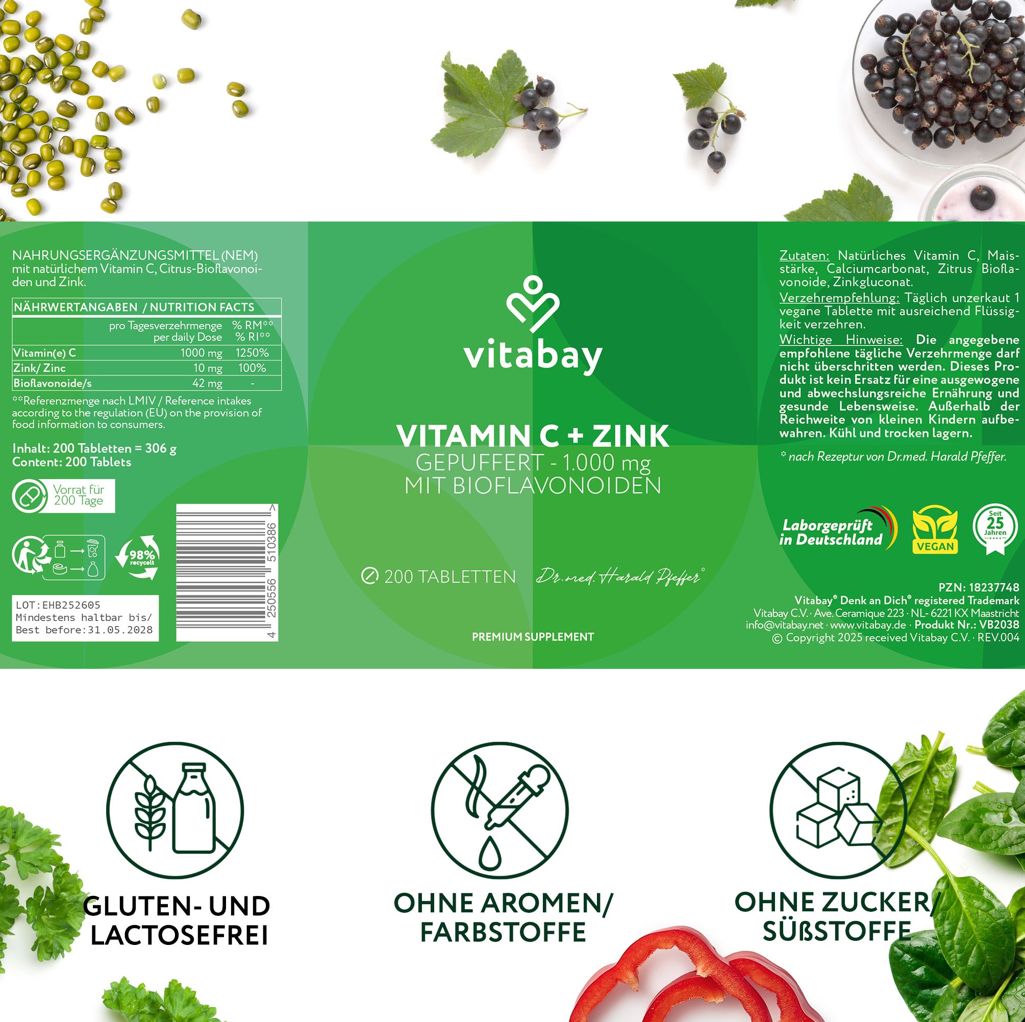 Confezione del prodotto Vitabay Vitamina C + Zinco. 200 compresse. Testo: Senza glutine e lattosio, Senza aromi/coloranti, Senza zucchero/dolcificanti.