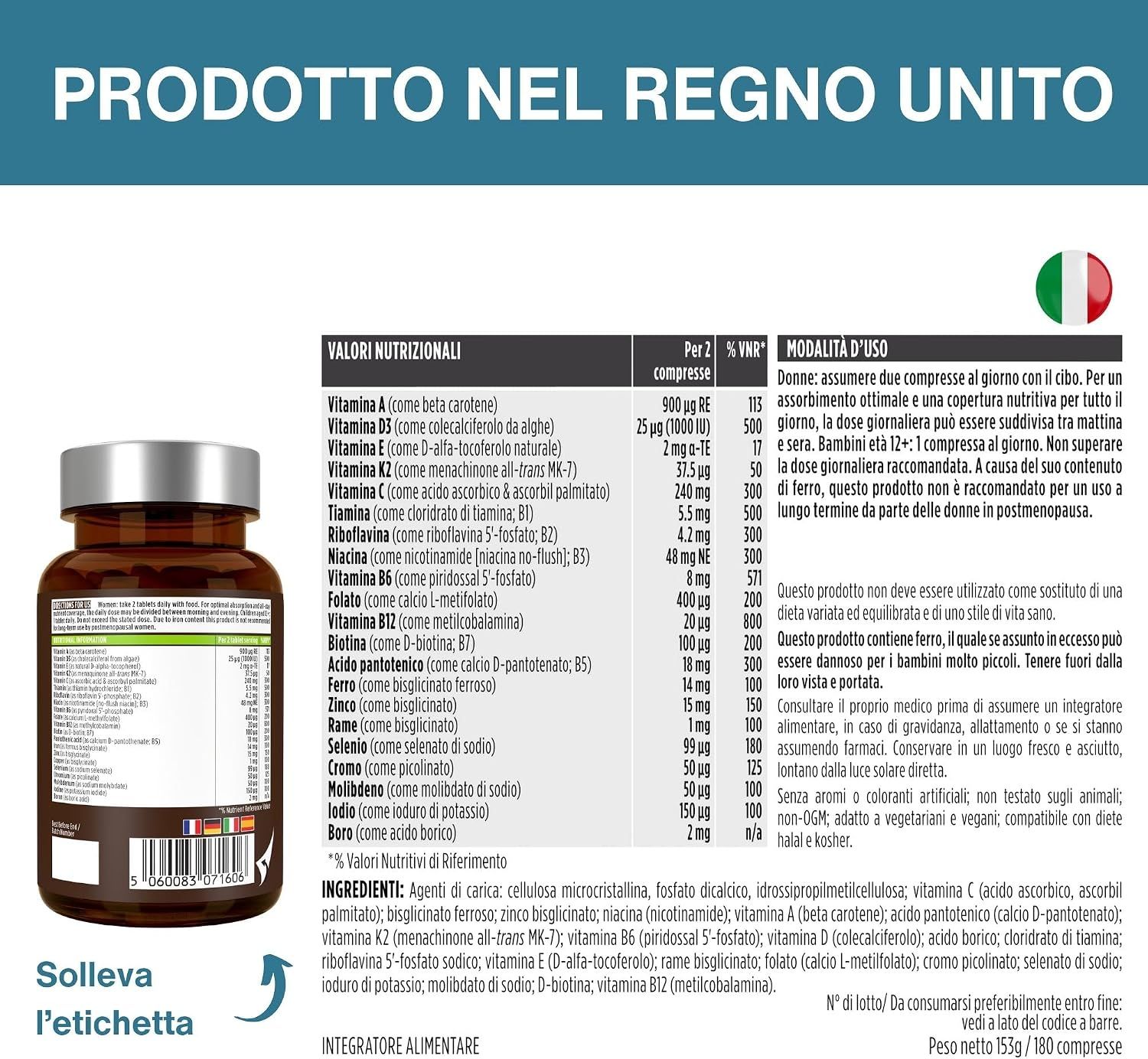 Bottiglia con tabella nutrizionale e istruzioni per l'uso in italiano.