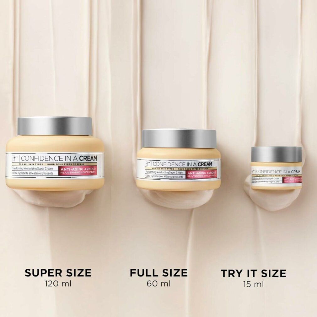 Tre formati di crema: Super Size (120 ml), Full Size (60 ml), Try It Size (15 ml).