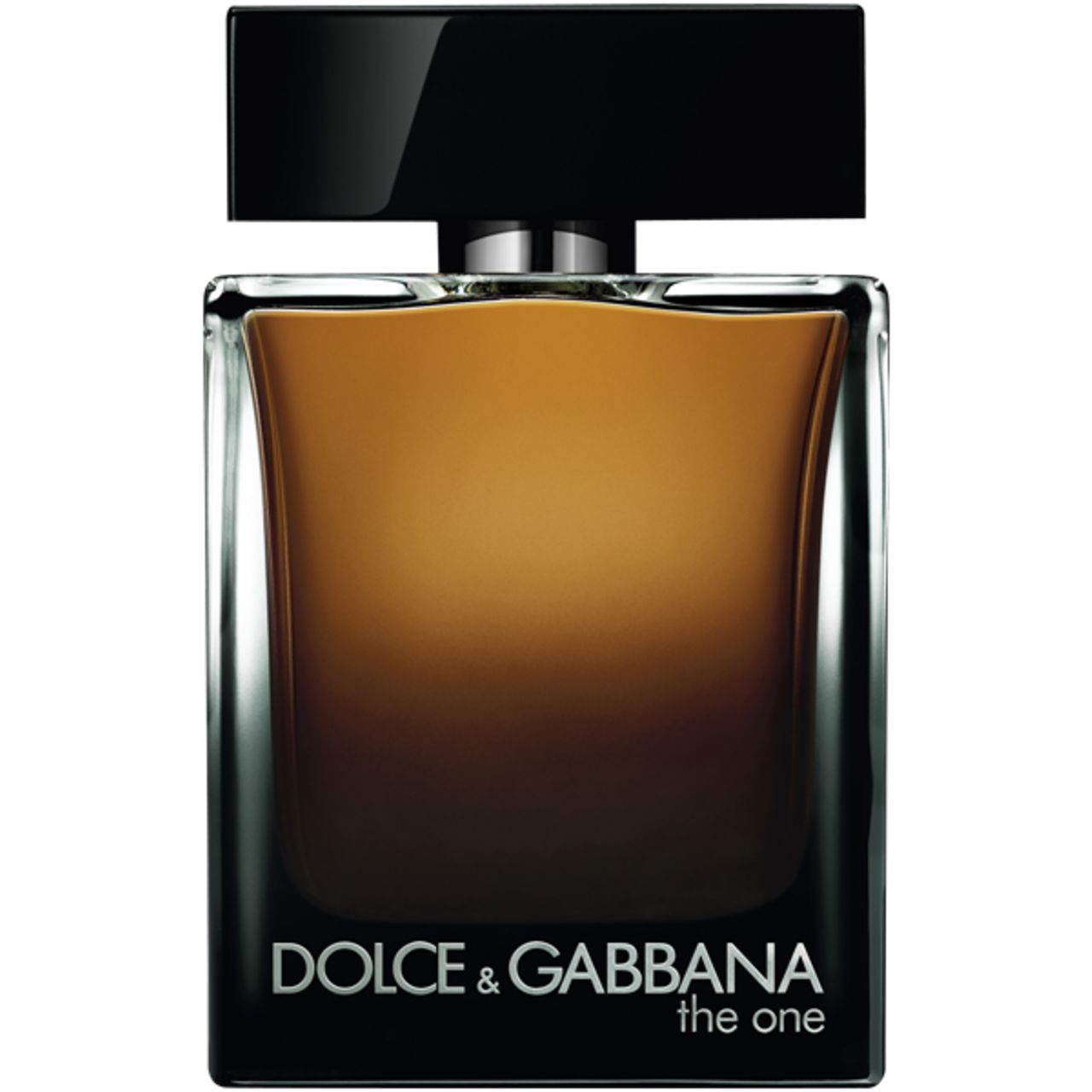 Flacone marrone scuro con tappo nero. Scritta: Dolce & Gabbana, The One. Forma squadrata.