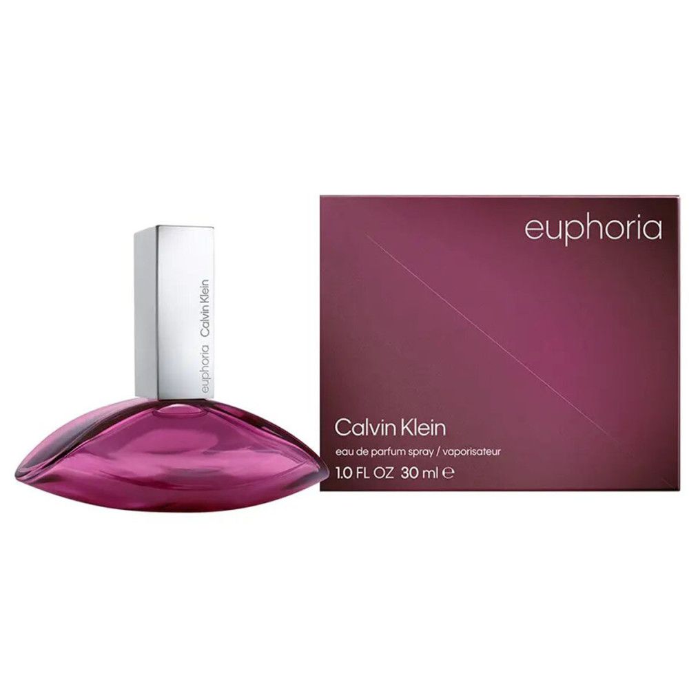 Flacone e confezione di Calvin Klein Euphoria Eau de Parfum Spray. Flacone: ovale, rosa. Confezione: rettangolare, viola.