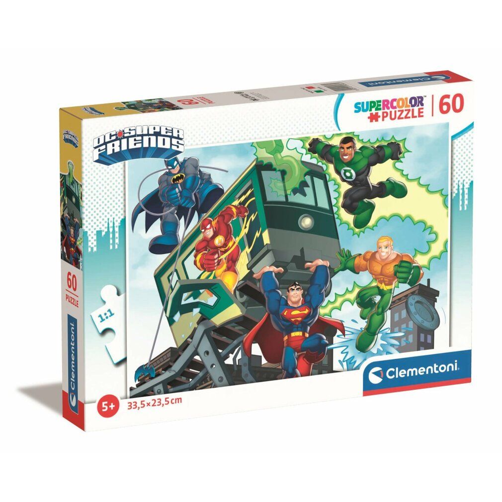 Scatola puzzle DC Super Friends, 60 pezzi. Marchio Clementoni. Dimensioni 33,5 x 23,5 cm. Età 5+