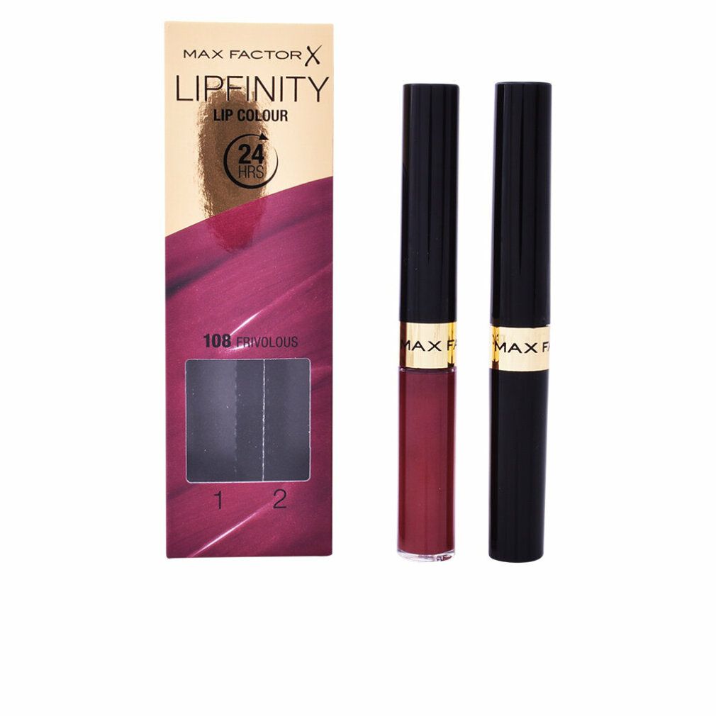 Max Factor Lipfinity Lip Colour. Confezione e due rossetti. Tonalità 108 Frivolo. Confezione dorata con informazioni sul prodotto.