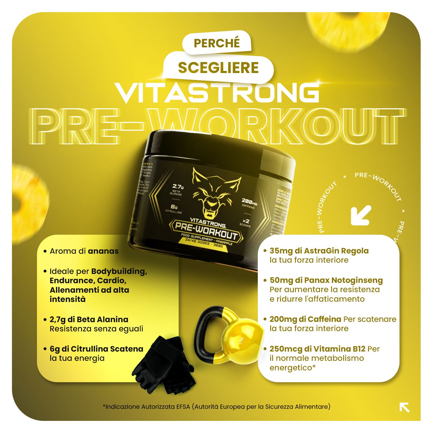 Barattolo nero con dettagli gialli. Testo: Vitastrong Pre-Workout. Elementi aggiuntivi: manubrio, guanti.