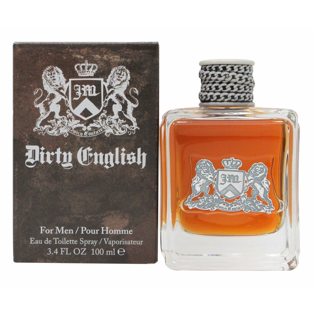 Spray Eau de Toilette con confezione. Flacone con tappo argentato e logo. Confezione con logo e scritta Dirty English.