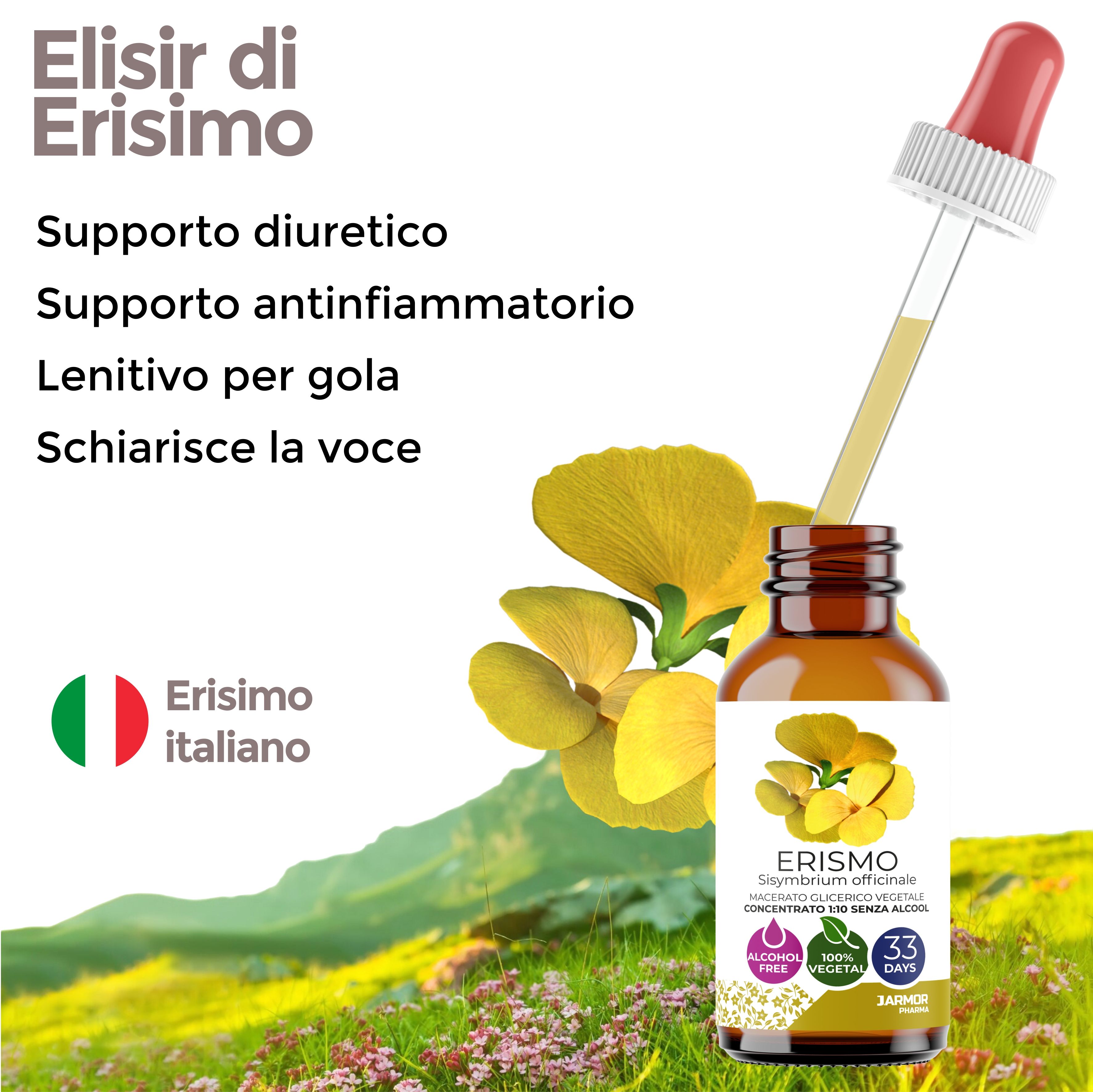 Flacone marrone con contagocce e liquido giallo. Fiori gialli. Testo: Erisimo italiano, Supporto diuretico, antinfiammatorio, lenitivo.