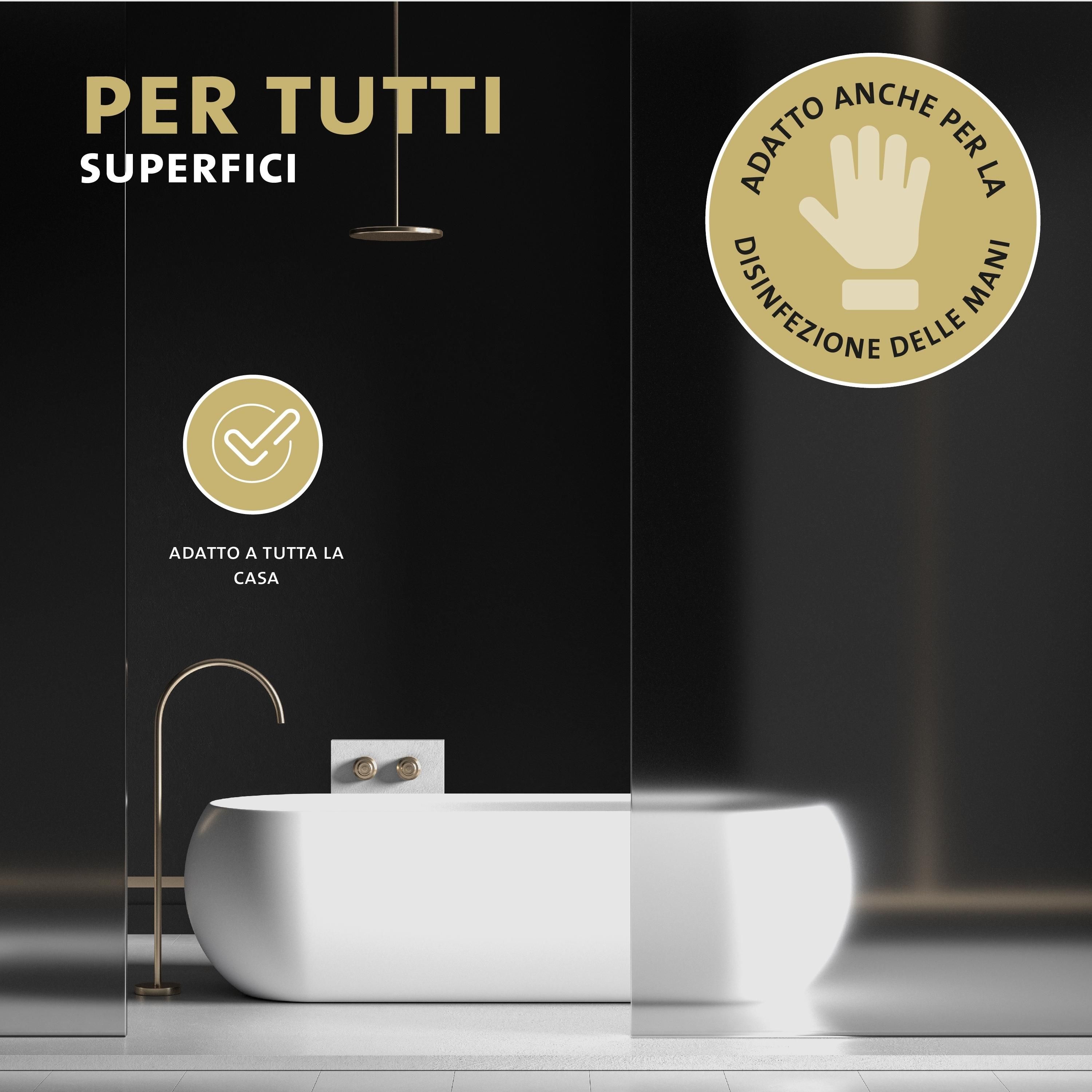 Bagno con indicazione Peticare "Per tutte le superfici" e disinfezione delle mani.