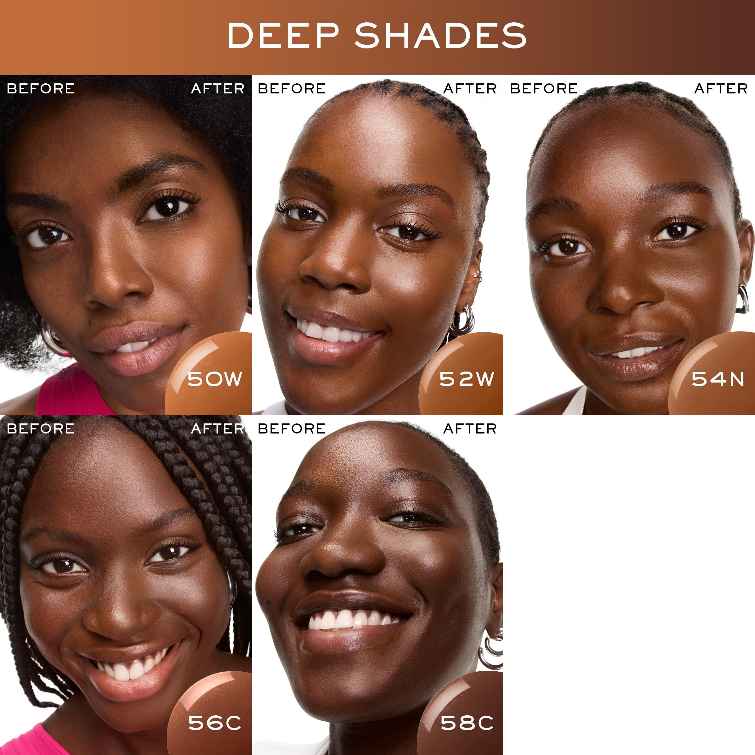 Confronto prima-dopo. Sei donne con diverse tonalità di pelle. I numeri delle tonalità sono visibili.