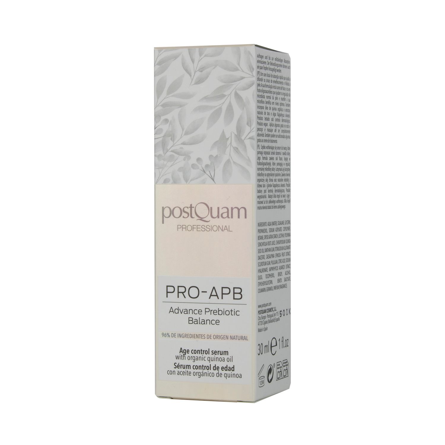 Confezione in cartone con scritta: Postquam, PRO-APB, Advance Prebiotic Balance. Motivo a foglie. 30 ml. Testo multilingue.