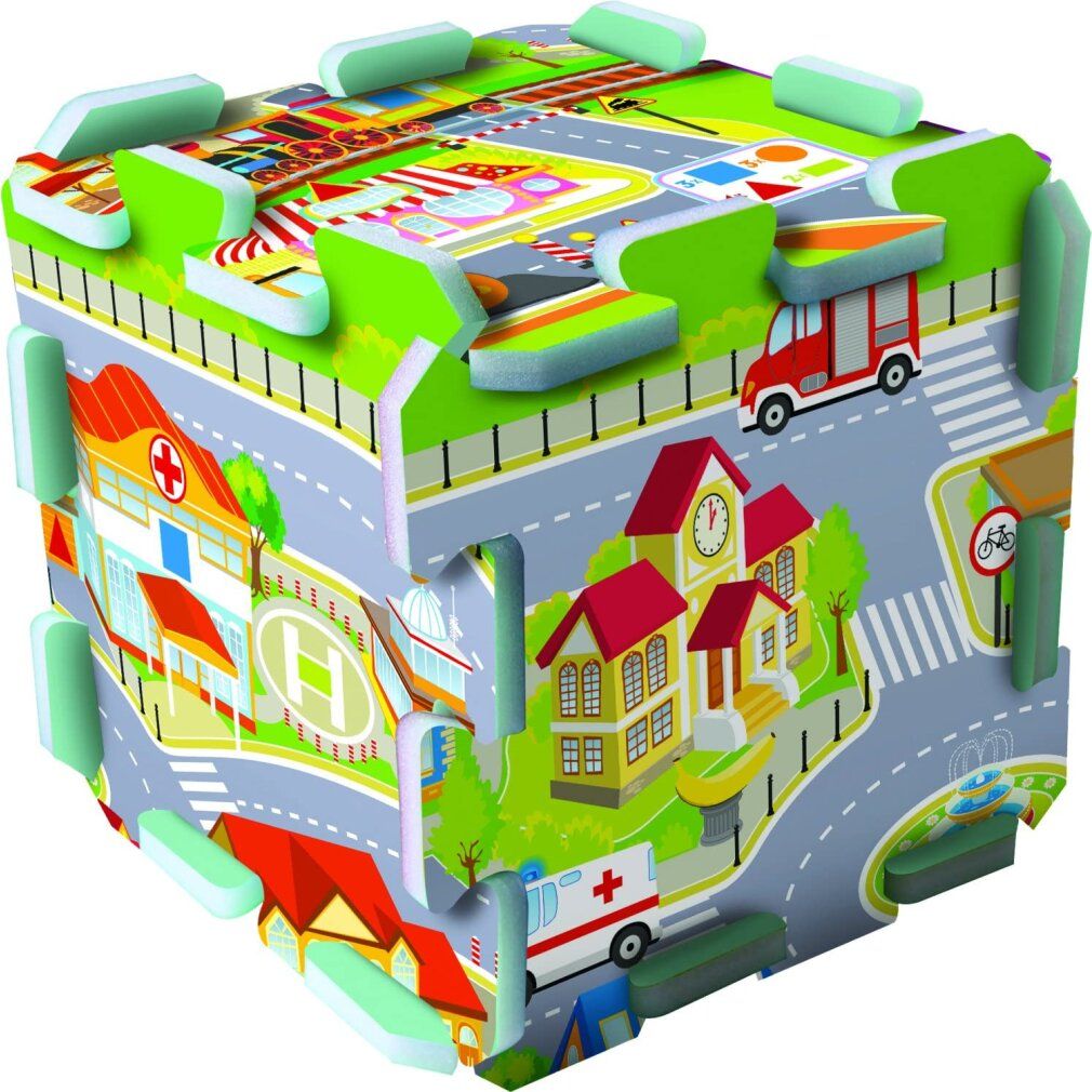 Puzzle in schiuma a forma di cubo con motivo cittadino. Strade, edifici e veicoli sono raffigurati sui lati. Pezzi del puzzle collegati.