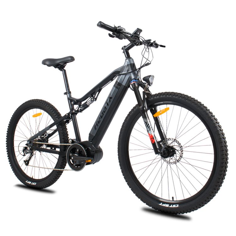 Mountain bike elettrica HedaTX TX11 nero, motore centrale, batteria 48V 15Ah. Pneumatici, sella e manubrio neri.