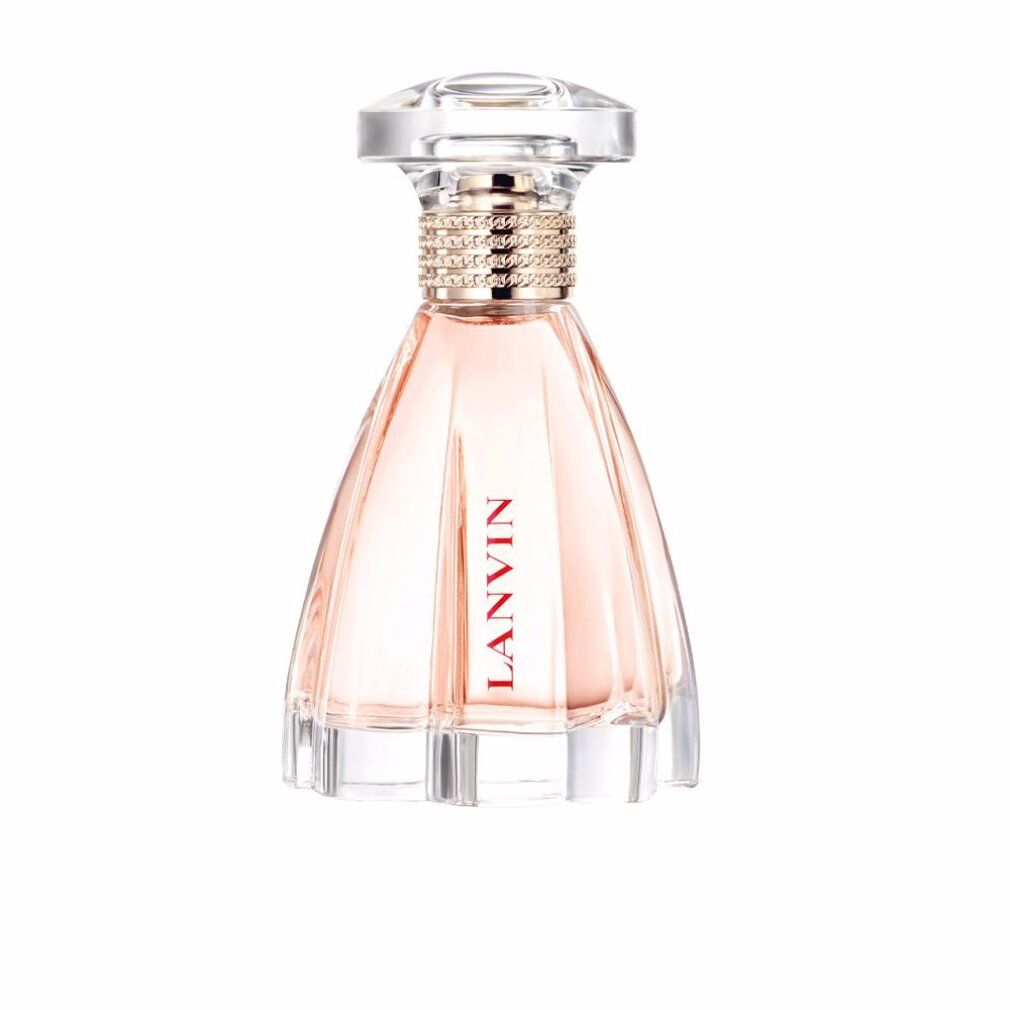 Flacone di profumo. Flacone trasparente con liquido rosa. Tappo e collo con elementi dorati e trasparenti. Scritta LANVIN.