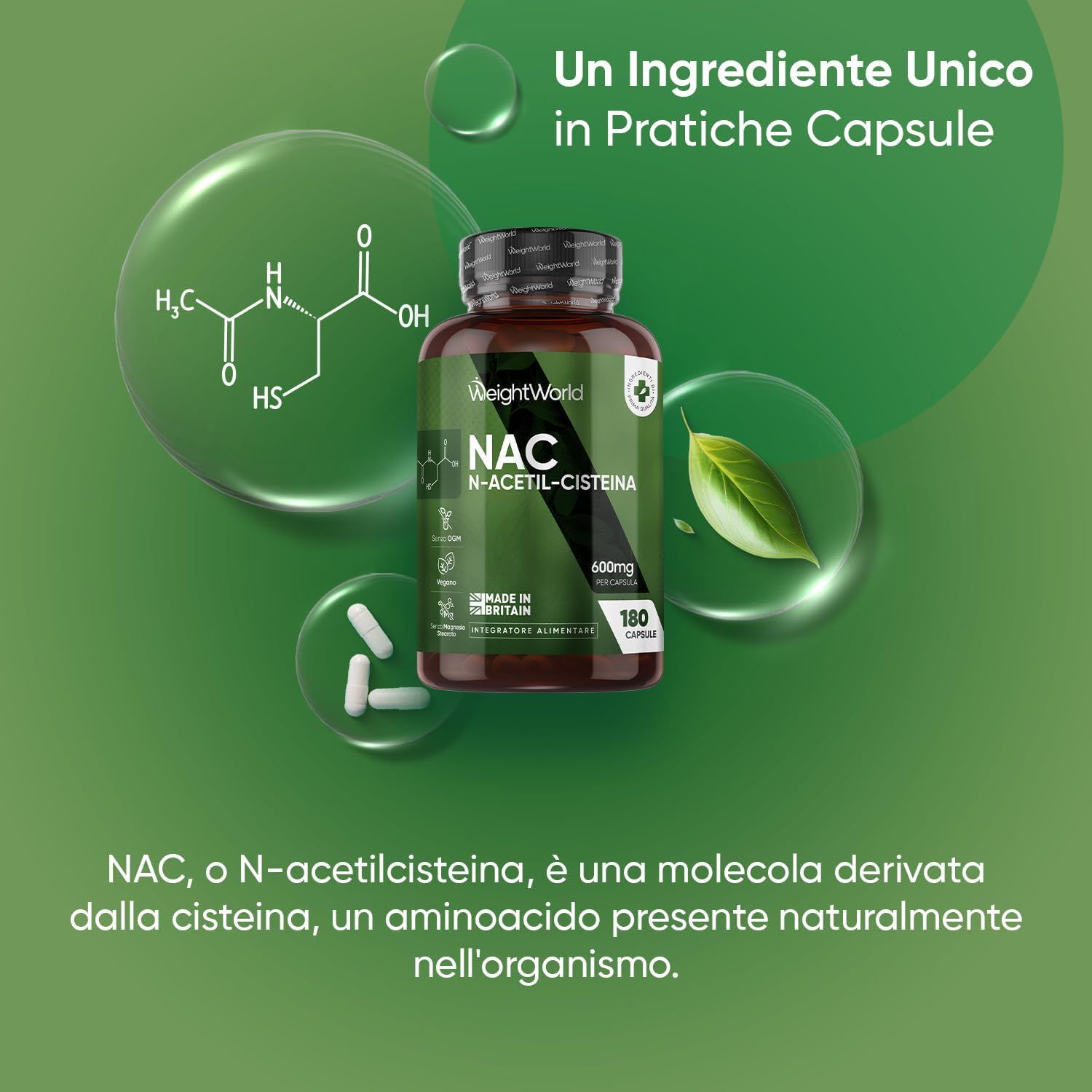 Flacone e capsule su sfondo verde. Scritta: WeightWorld, NAC N-Acetilcisteina, 600mg, 180 capsule. Formula chimica.
