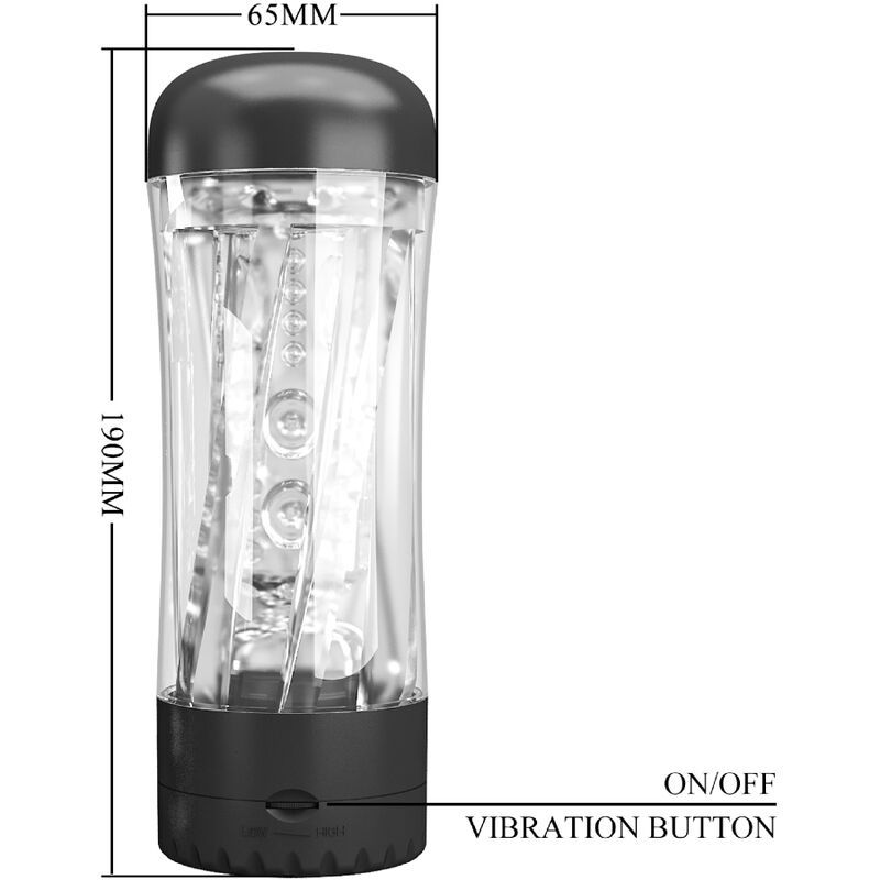 Vibratore trasparente con cappuccio e base neri, lungo 190mm, largo 65mm. Pulsante di vibrazione e interruttore on/off visibili.