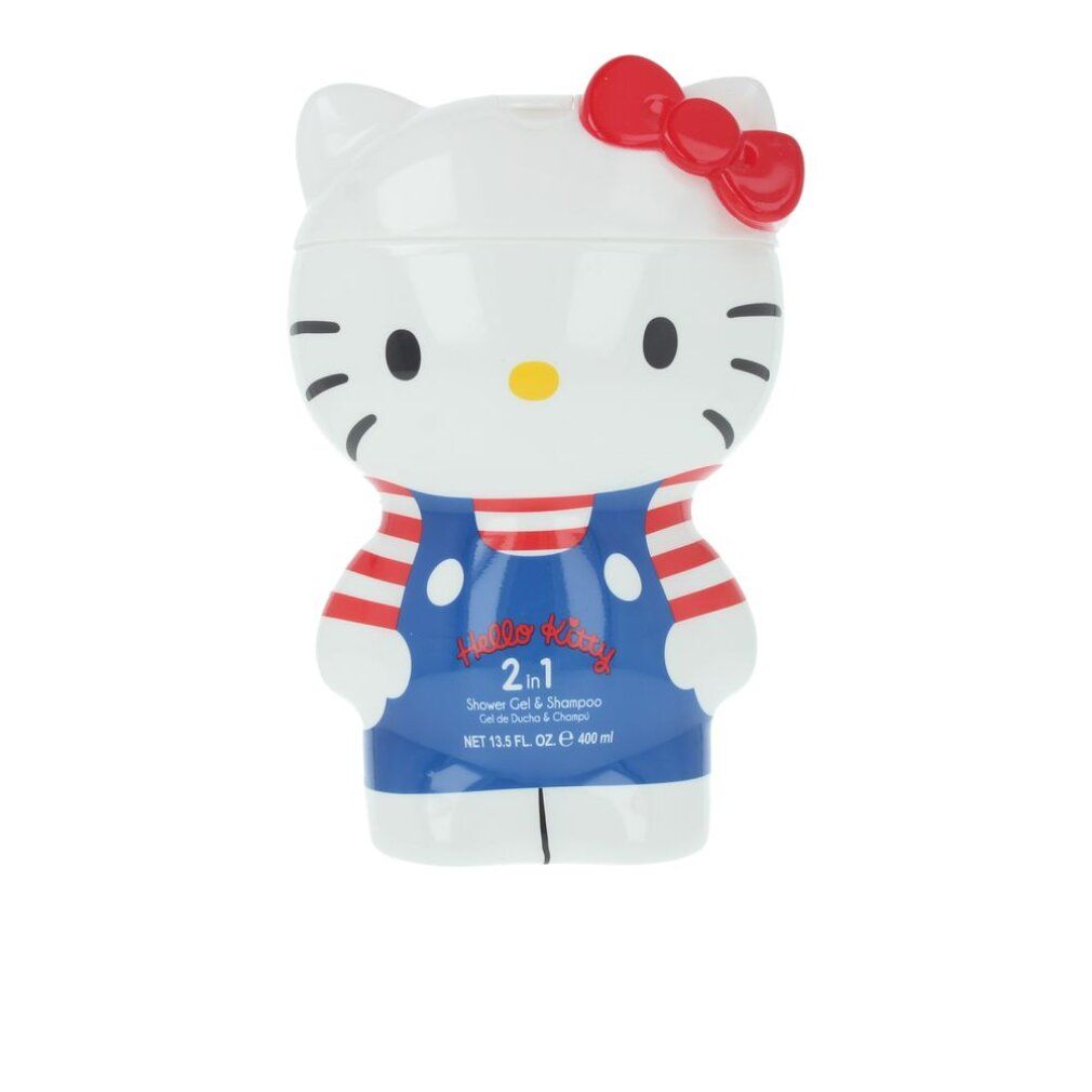 Hello Kitty 2-in-1 Gel doccia e shampoo. Contenitore bianco a forma di Kitty. Fiocco rosso. Salopette blu. 400ml.