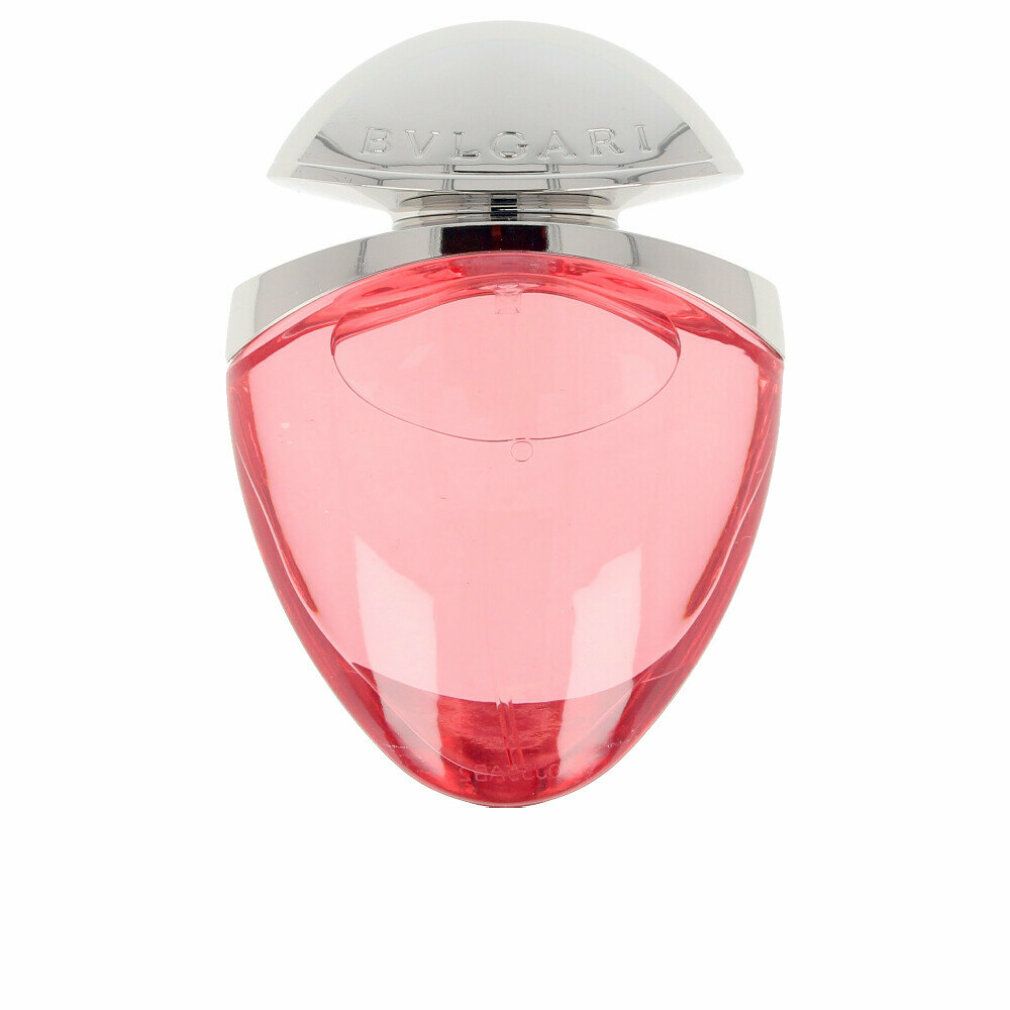 Flacone rosa con tappo argentato. Scritta "BVLGARI" sul tappo. Flacone a forma di goccia.