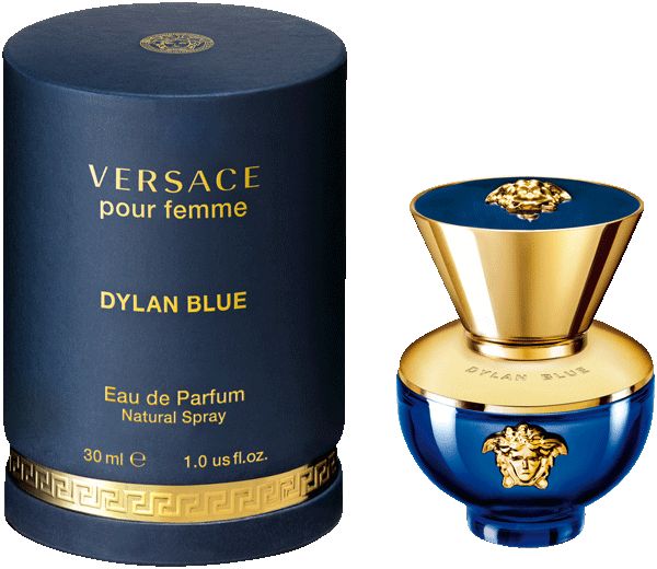Flacone blu e confezione. Logo Medusa dorato. Scritta Dylan Blue e Versace.