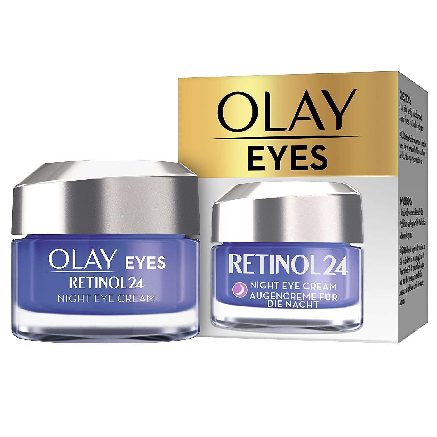 Crema occhi Olay Eyes Retinol24 e confezione. Scritta: Olay Eyes Retinol24 Night Eye Cream.