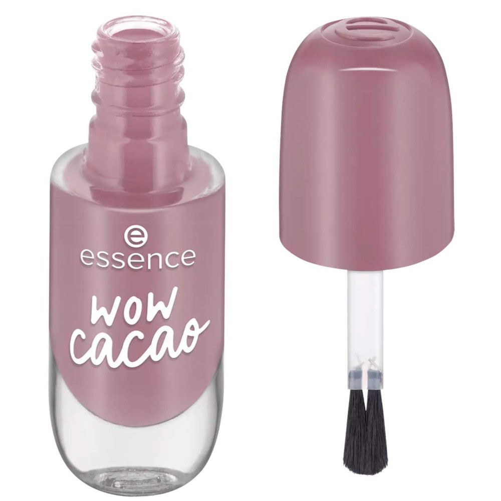 Flacone di smalto aperto con pennello. Flacone di smalto rosa, accanto al tappo. Scritta: Essence, Wow Cacao.