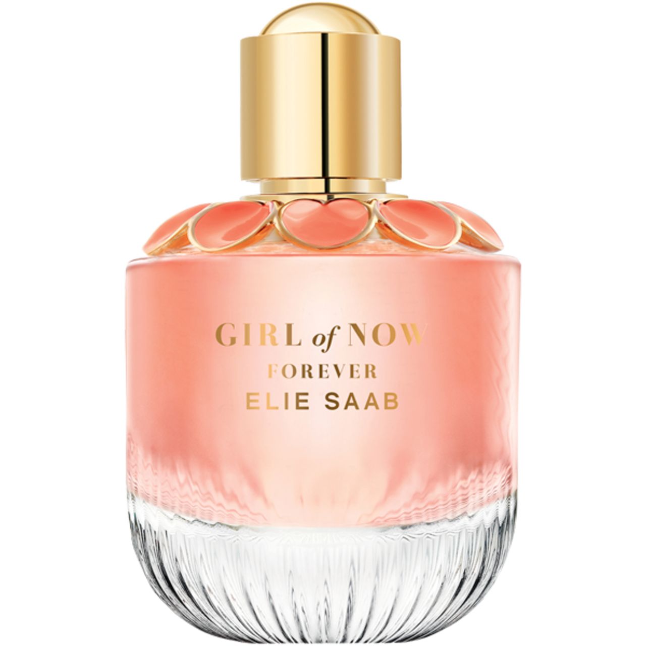 Flacone rotondo con liquido rosa, tappo dorato e fiori rosa. Testo: GIRL of NOW FOREVER ELIE SAAB.