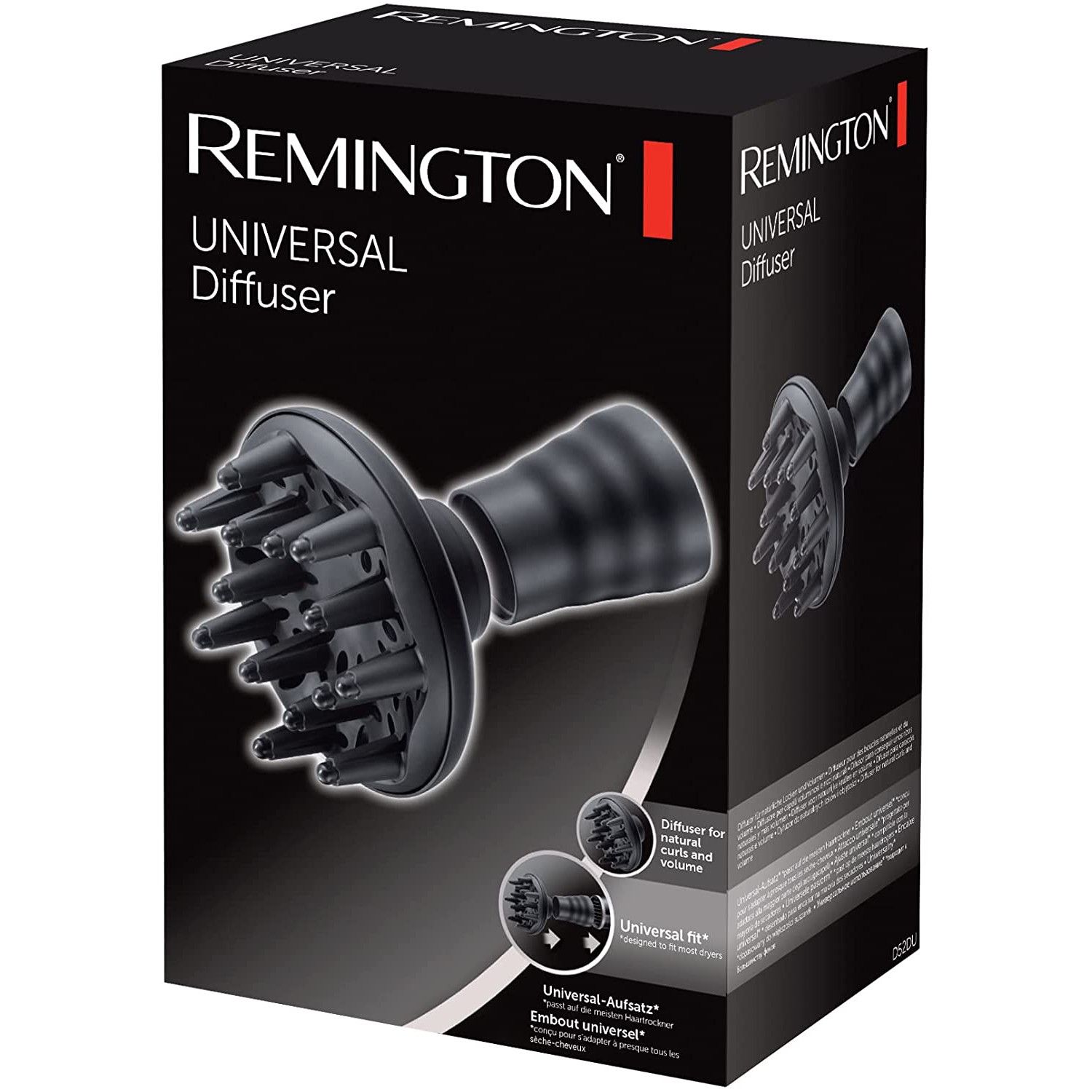 Confezione nera con immagine del prodotto. Scritta: Remington Universal Diffuser. Immagine del diffusore.