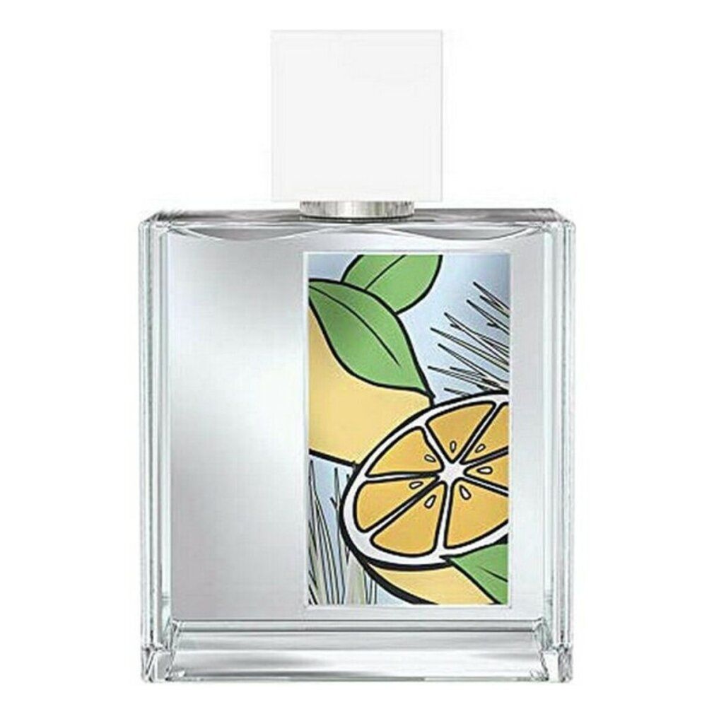 Flacone trasparente con tappo bianco. Adesivo con illustrazione di limone.