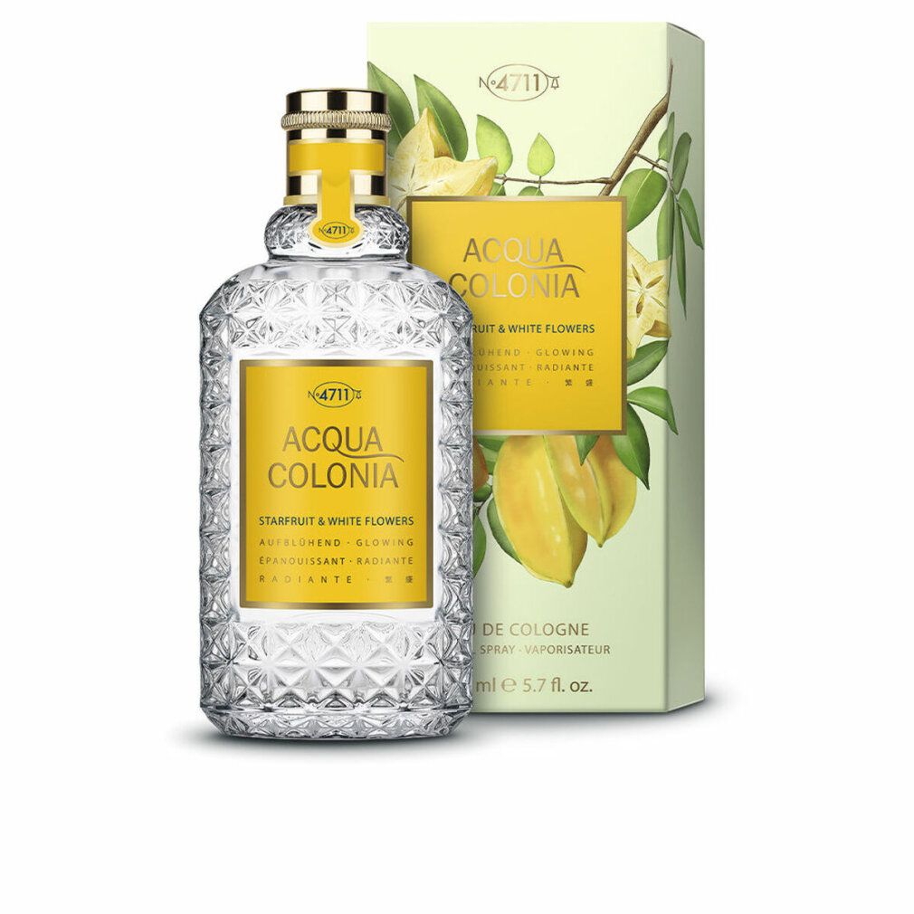 Flacone di vetro e confezione. Scritta: Acqua Colonia Starfruit & White Flowers. Immagine di carambole.