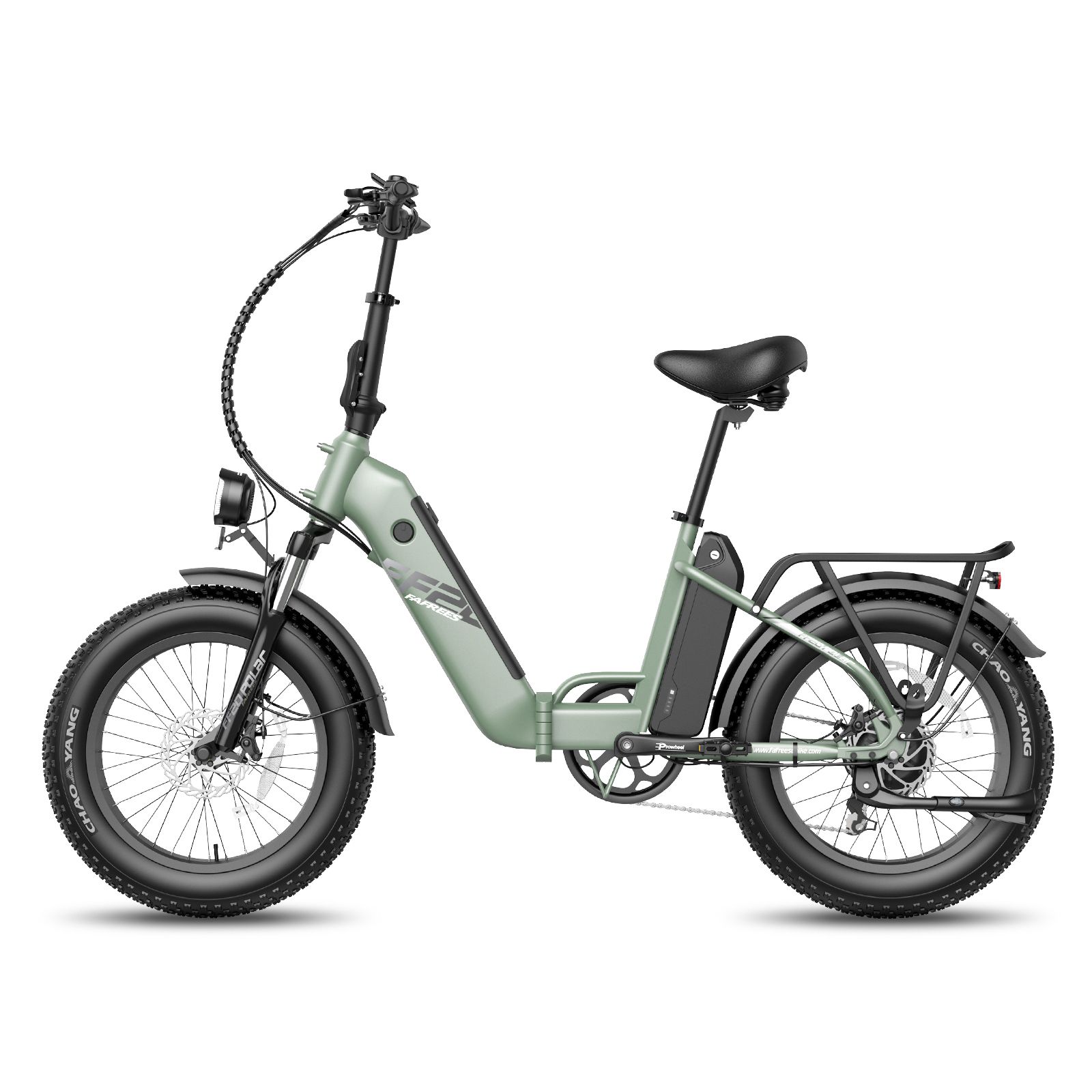E-bike pieghevole verde chiaro. Pneumatici, sella e portapacchi neri. Faro anteriore e batteria.