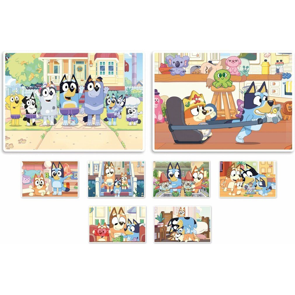 Puzzle e giochi Bluey. Diversi motivi puzzle e carte gioco sono visibili. Contiene puzzle, carte memo e cubi con motivi Bluey.
