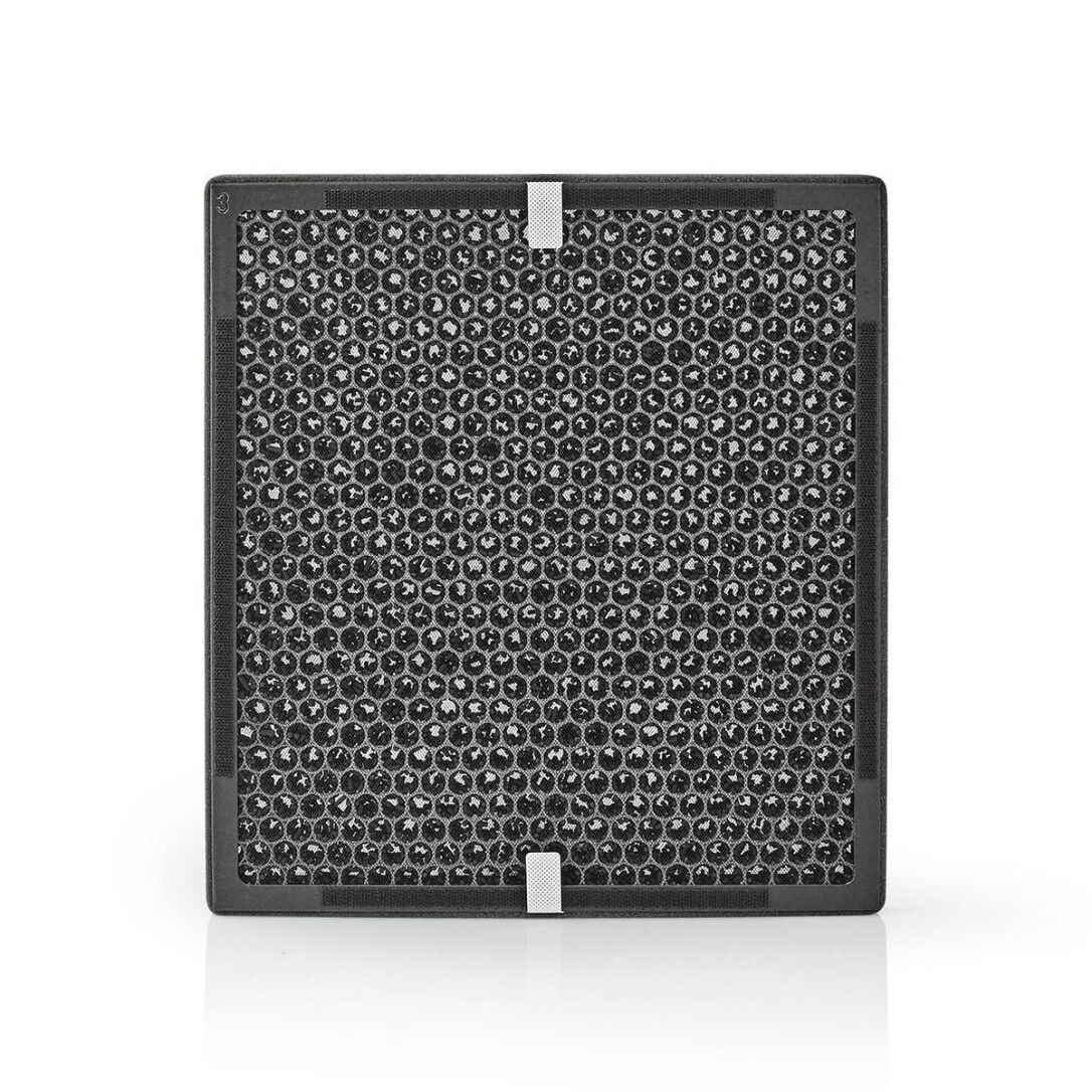 Filtro dell'aria con superficie nera a nido d'ape. Cornice nera con supporti bianchi. Forma quadrata.