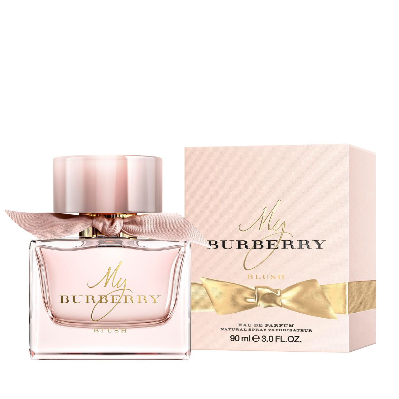 Flacone di profumo e scatola My Burberry Blush. Fiocco rosa e dettagli dorati.