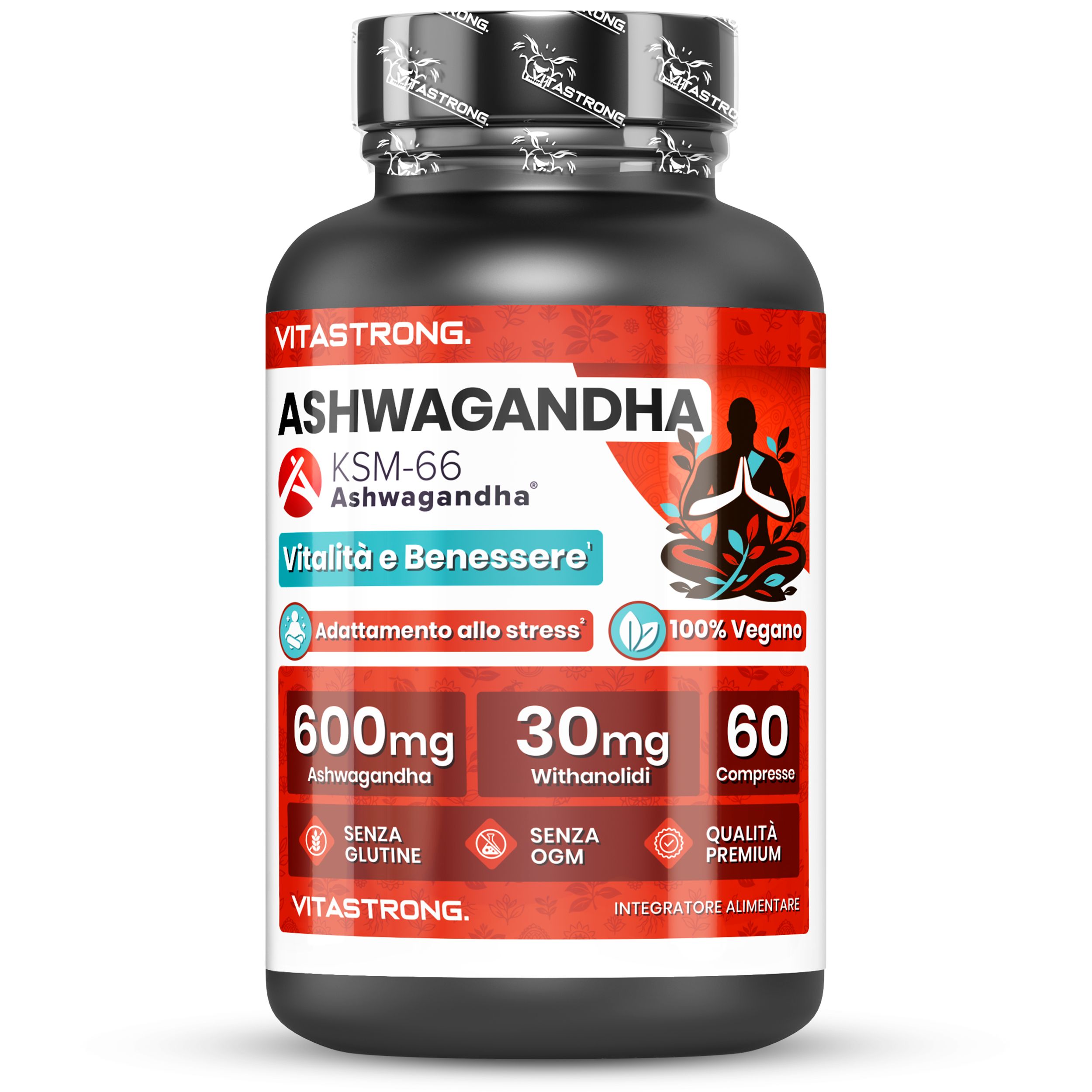 Flacone nero di Vitastrong Ashwagandha KSM-66. Contiene 60 compresse, 600mg Ashwagandha, 100% vegano, senza glutine.
