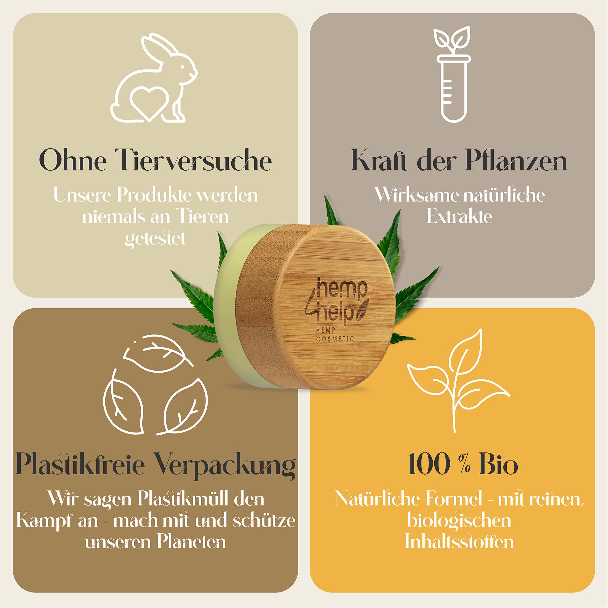 Vasetto di balsamo per labbra con coperchio in legno. Testo: Senza test sugli animali, potere delle piante, imballaggio senza plastica, 100% bio.