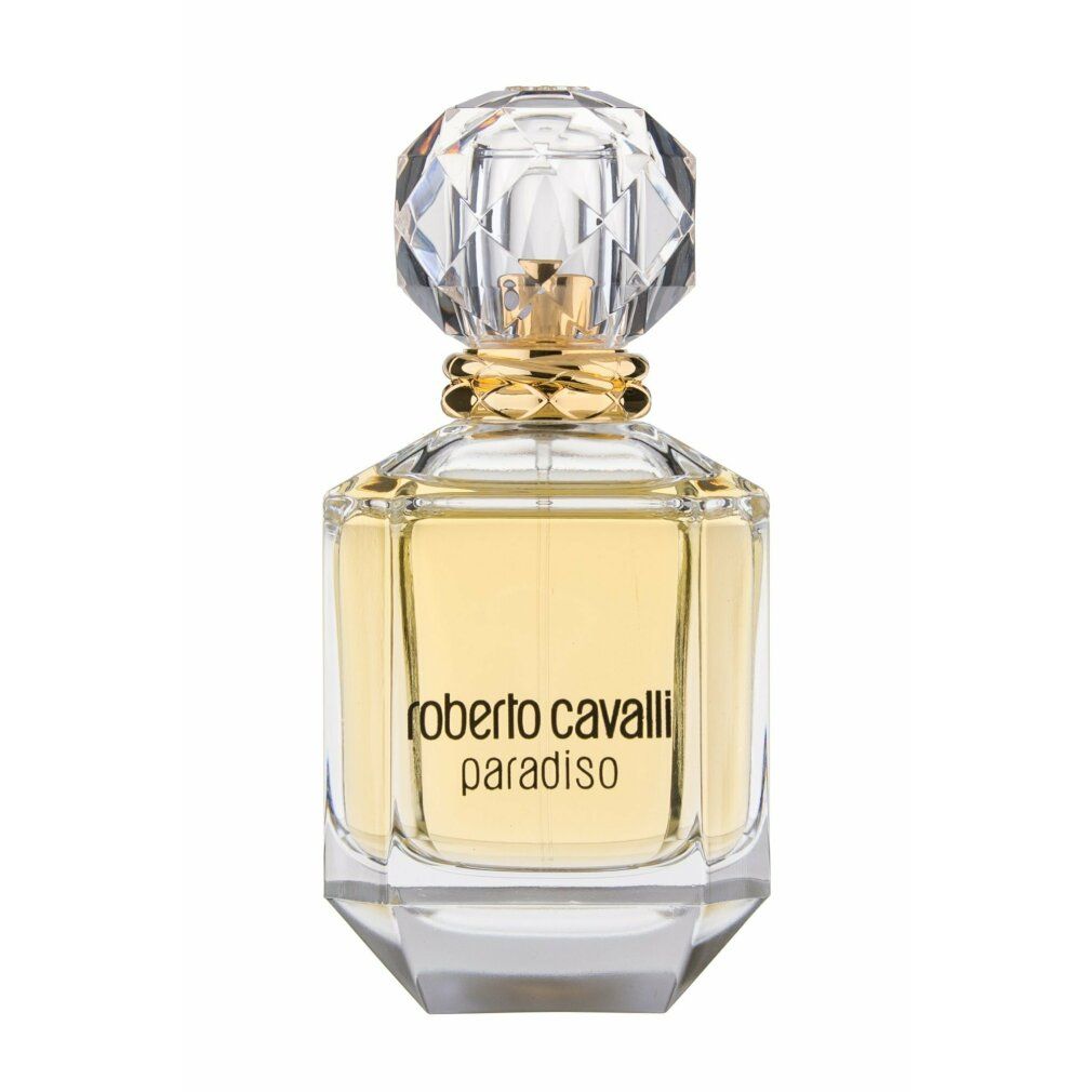 Flacone di profumo con tappo di cristallo e ornamento dorato. Scritta: Roberto Cavalli Paradiso. Flacone esagonale trasparente.