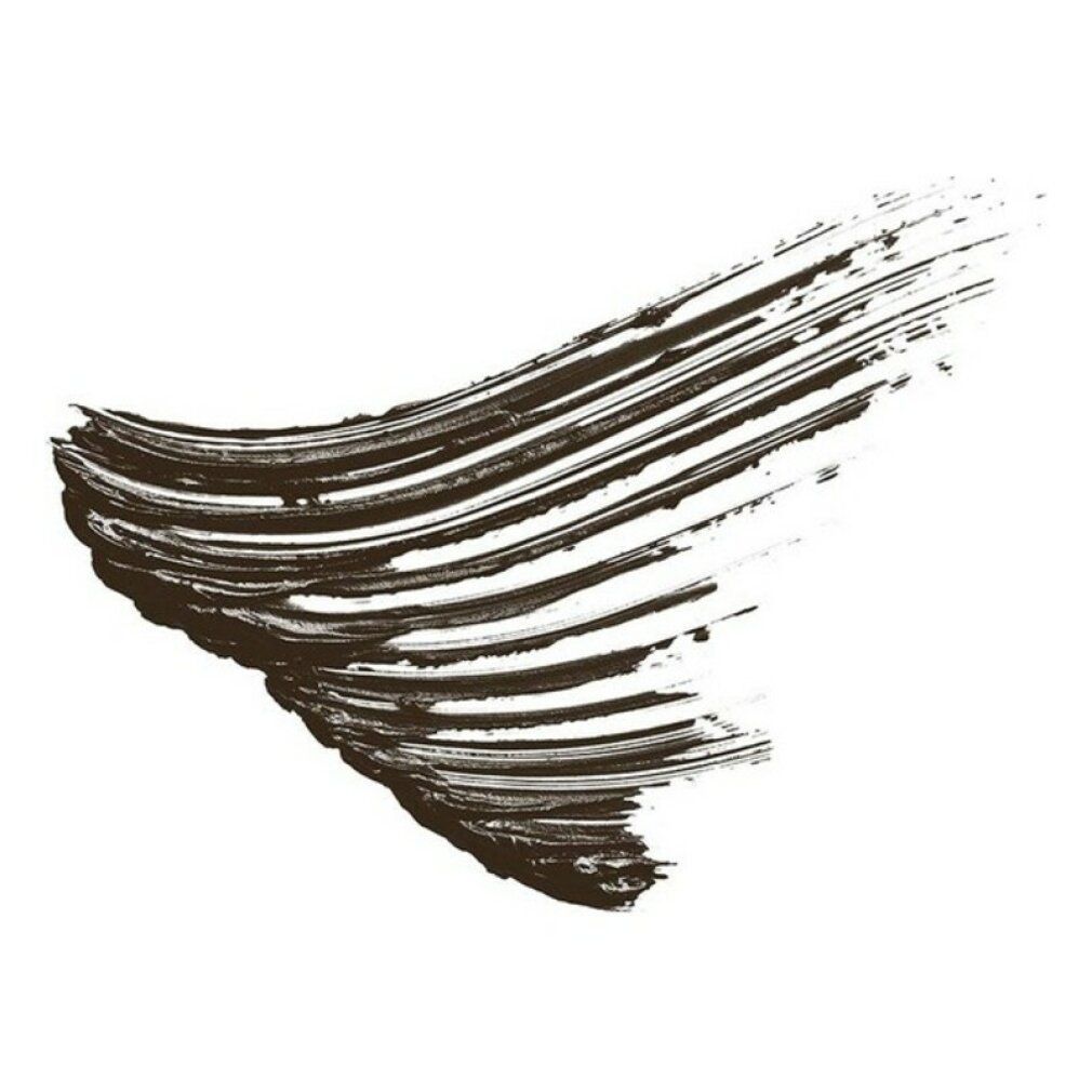 Tratto di mascara nero su sfondo bianco. Texture visibile.