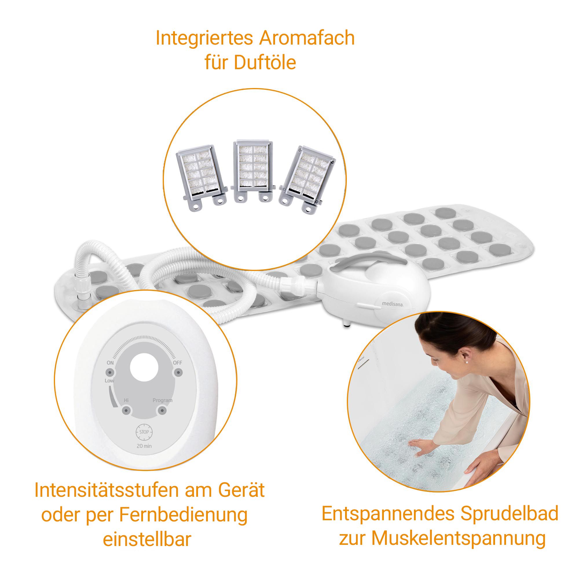Set da bagno a bolle con tappetino, soffiatore, telecomando e contenitori per oli profumati.