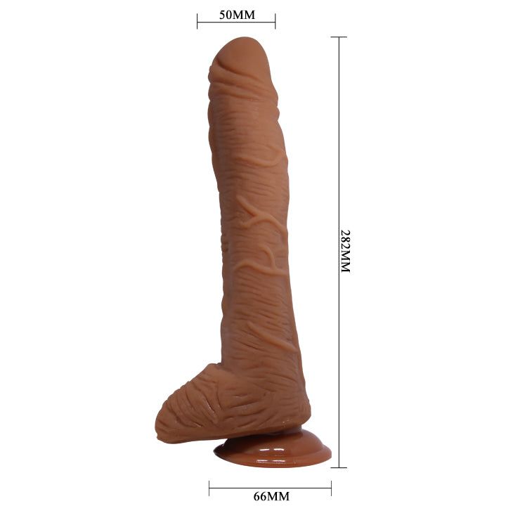Dildo beige con superficie strutturata e ventosa. Dimensioni: 282mm lungo, 50mm diametro, 66mm base.