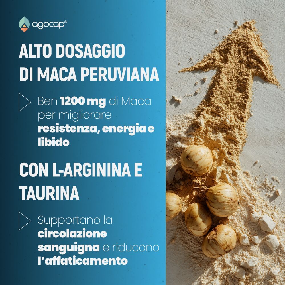 Freccia di polvere di maca. Testo: Alto dosaggio di Maca Peruviana. Con L-Arginina e Taurina. Supporta la circolazione e riduce l'affaticamento.