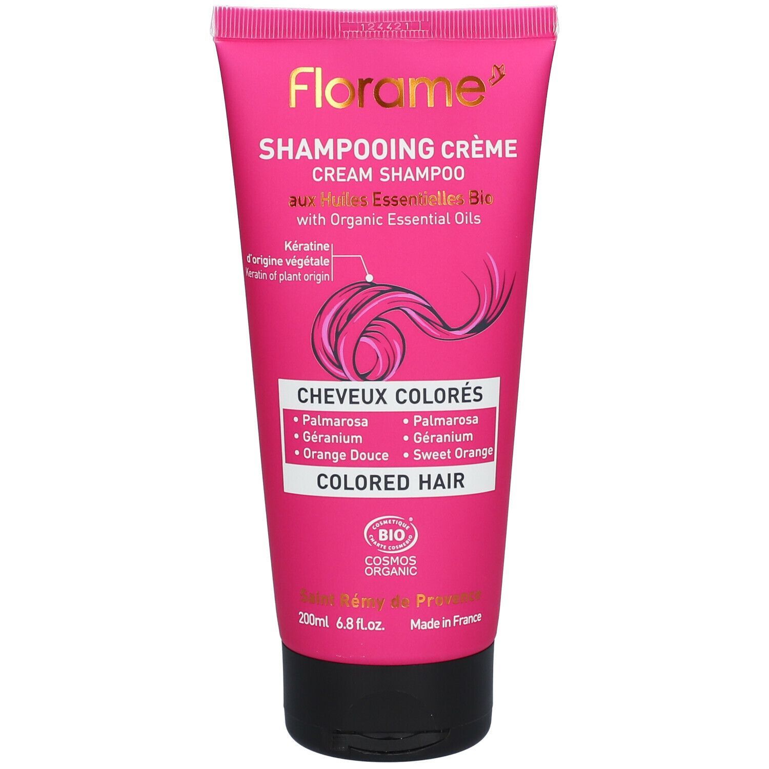 Tubo rosa "Florame" Shampooing Crème per capelli colorati. Certificato bio. Ingredienti naturali.
