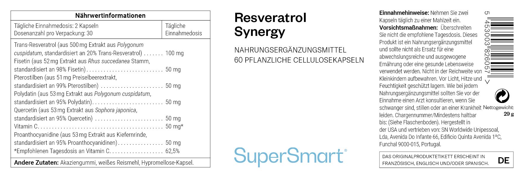 Integratore alimentare Resveratrol Synergy, 60 capsule vegetali in cellulosa.