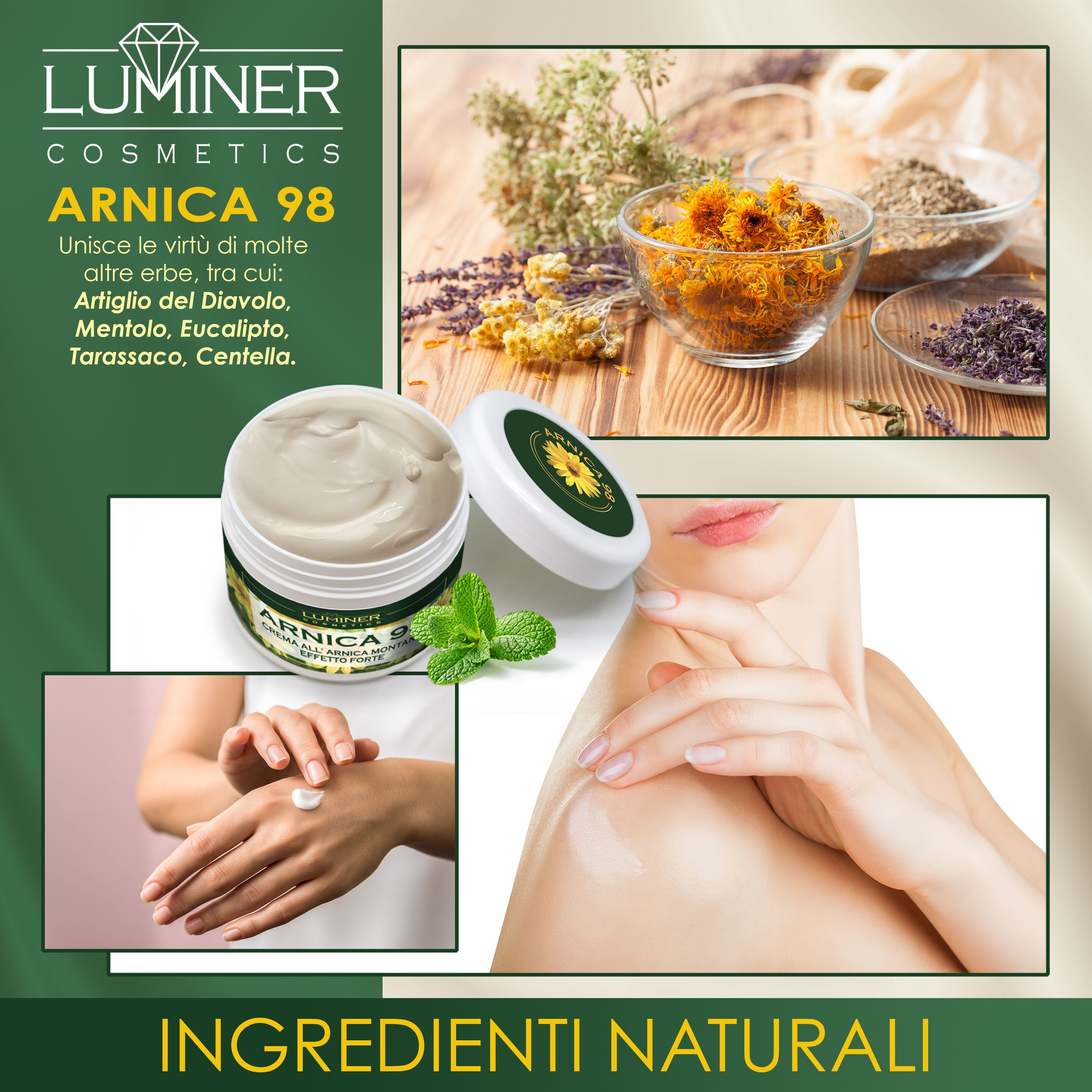 Crema Arnica 98 con arnica, artiglio del diavolo, eucalipto, tussilago, centella. Applicazione su spalla.